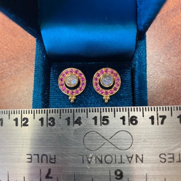 14k Gold, Pink Ruby, and Moon Stone Earrings - Picture 4 of 5